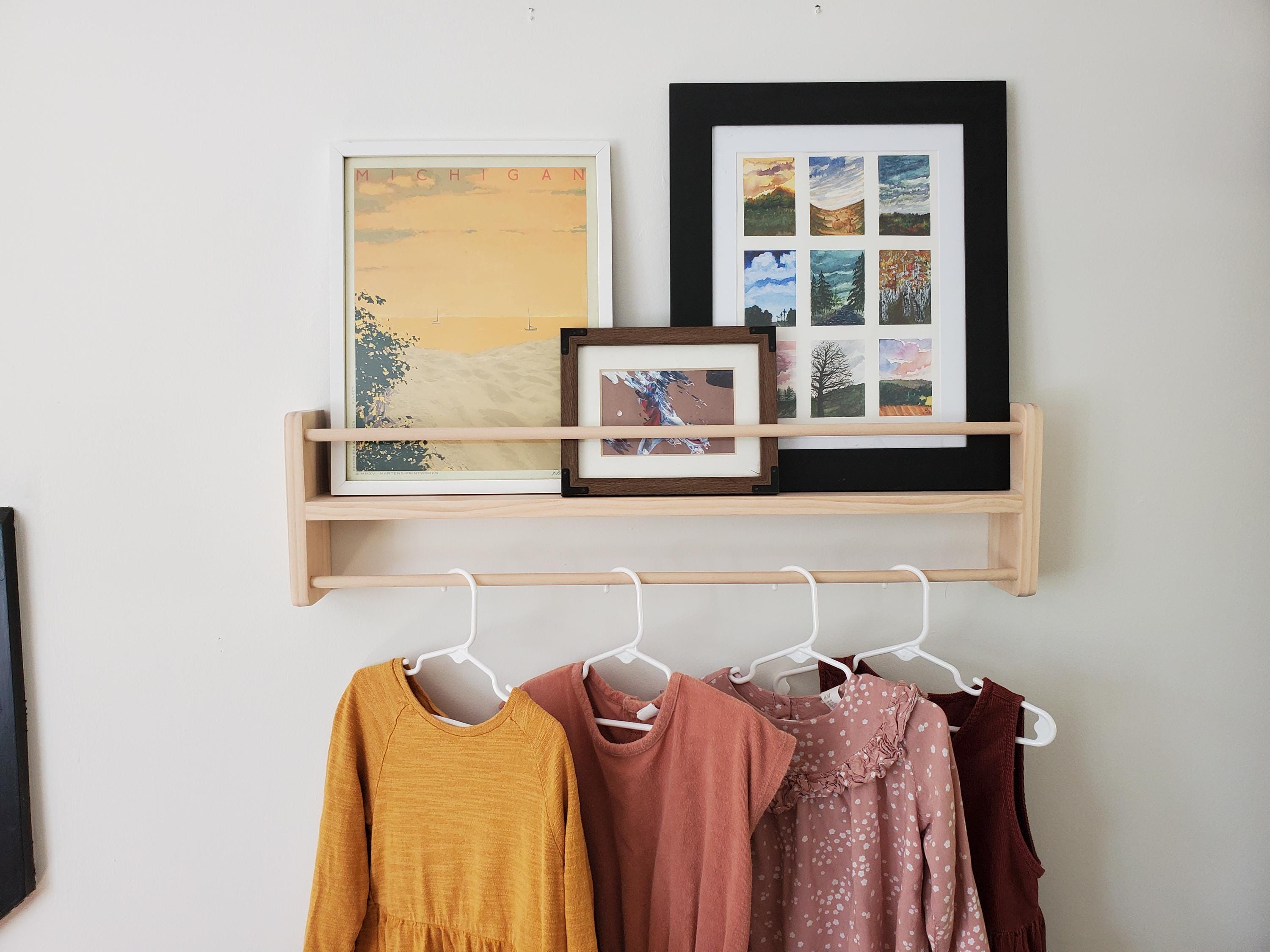 Shipping Included, Pine Picture Shelf W/ Hanger Rod, Bookshelf, Entryway Shelf, 18"-36" Width, Display Shelf, Coat Hanger, Nursery Shelf, Playroom, Home school