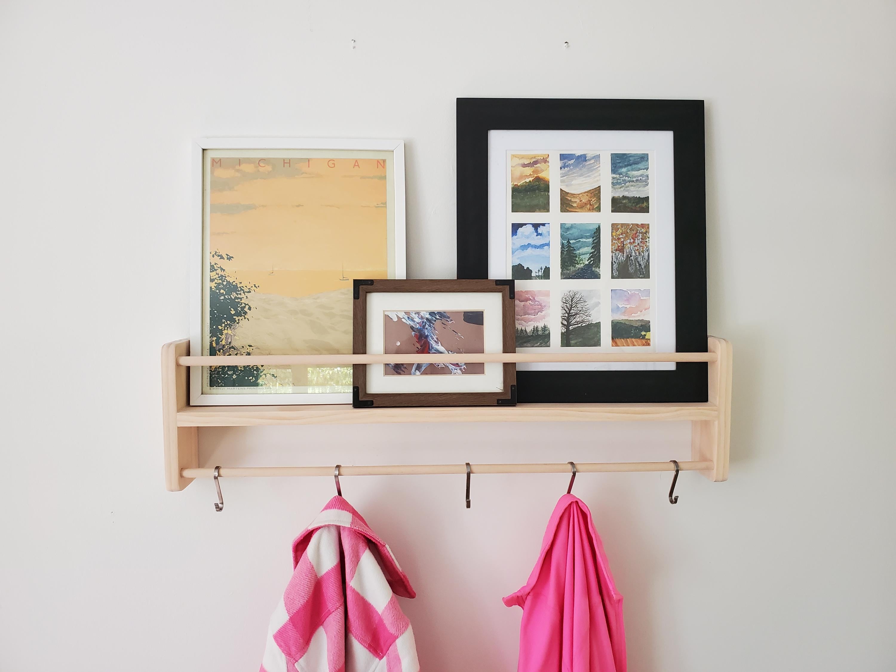 Shipping Included, Pine Picture Shelf W/ Hanger Rod, Bookshelf, Entryway Shelf, 18"-36" Width, Display Shelf, Coat Hanger, Nursery Shelf, Playroom, Home school