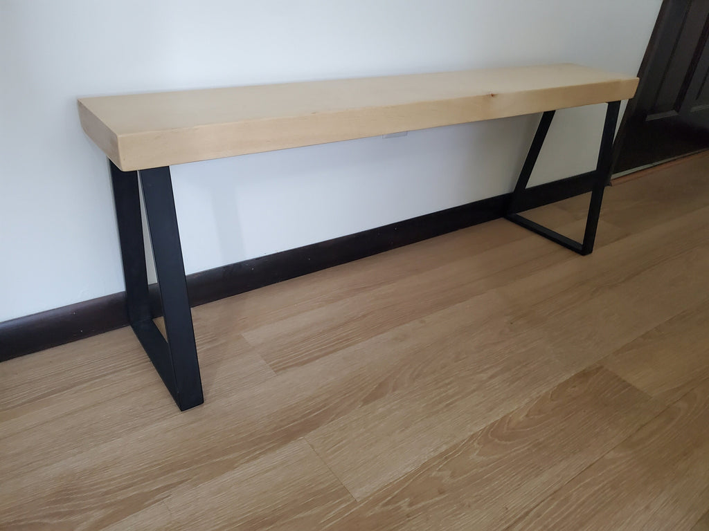 Shipping Included, 4 Ft Slab Pine Bench, Indoor/Outdoor Piece, Thick Pine, Trapezoid Metal Legs