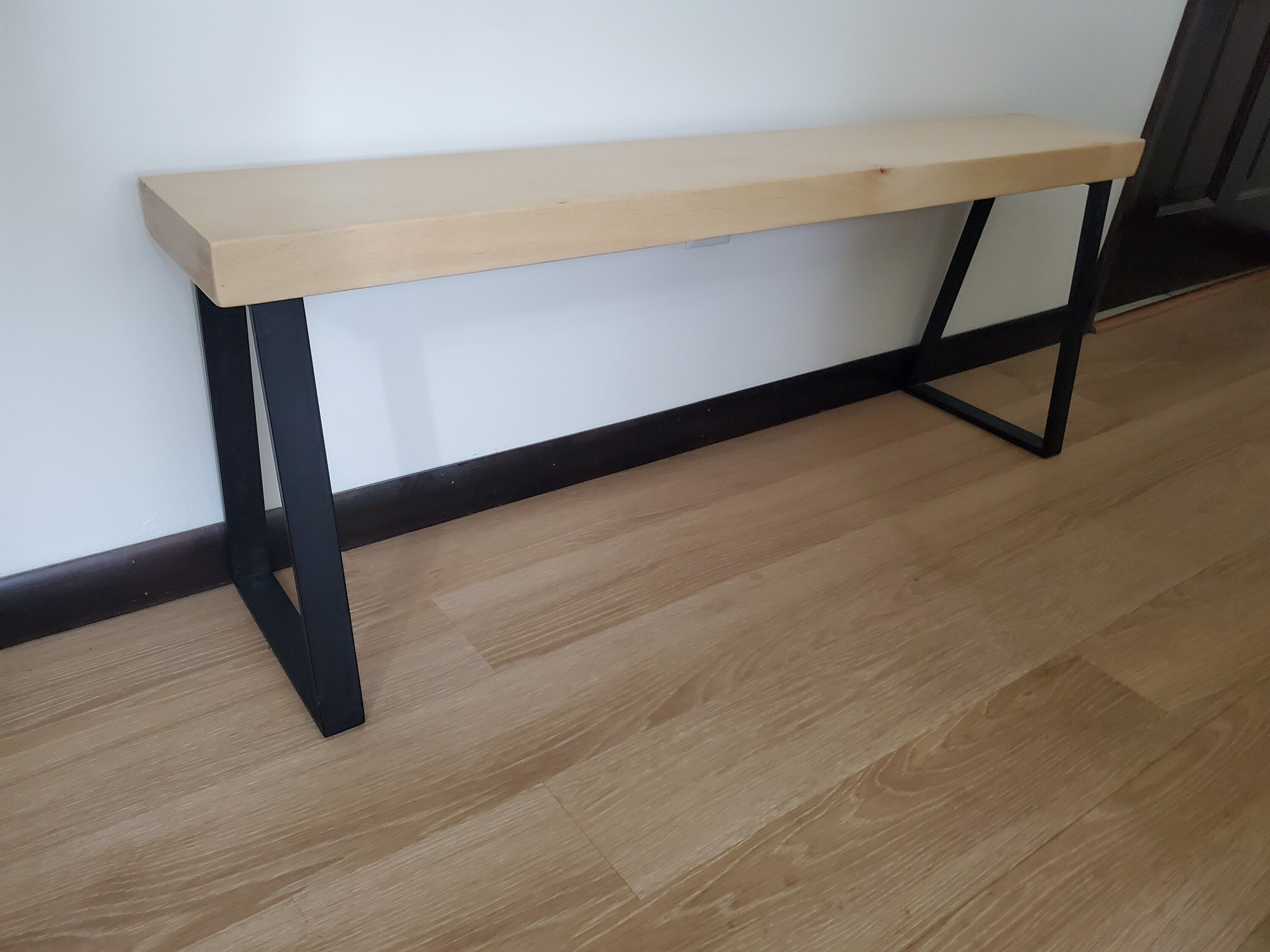 Shipping Included, 4 Ft Slab Pine Bench, Indoor/Outdoor Piece, Thick Pine, Trapezoid Metal Legs
