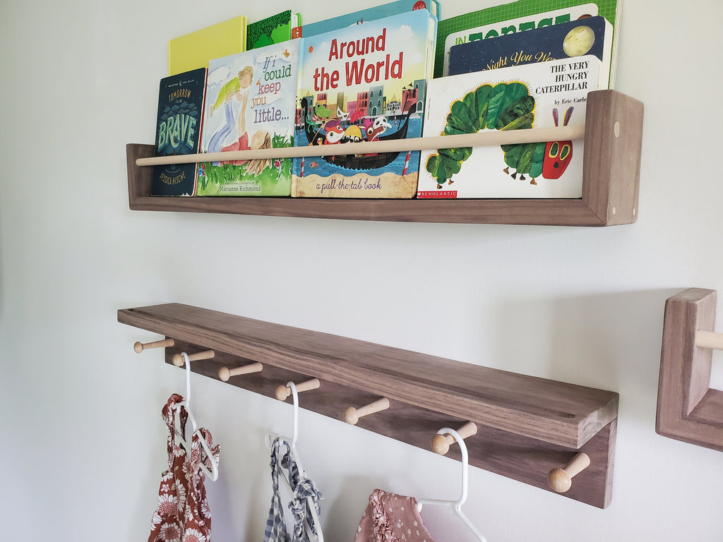 Shipping Included, Walnut Hardwood Bookshelf "Waterfall Corner" and Shelf Combination Set, Nursery Room Decor, Hardwood Joinery, Custom Sizing Available, Montessori