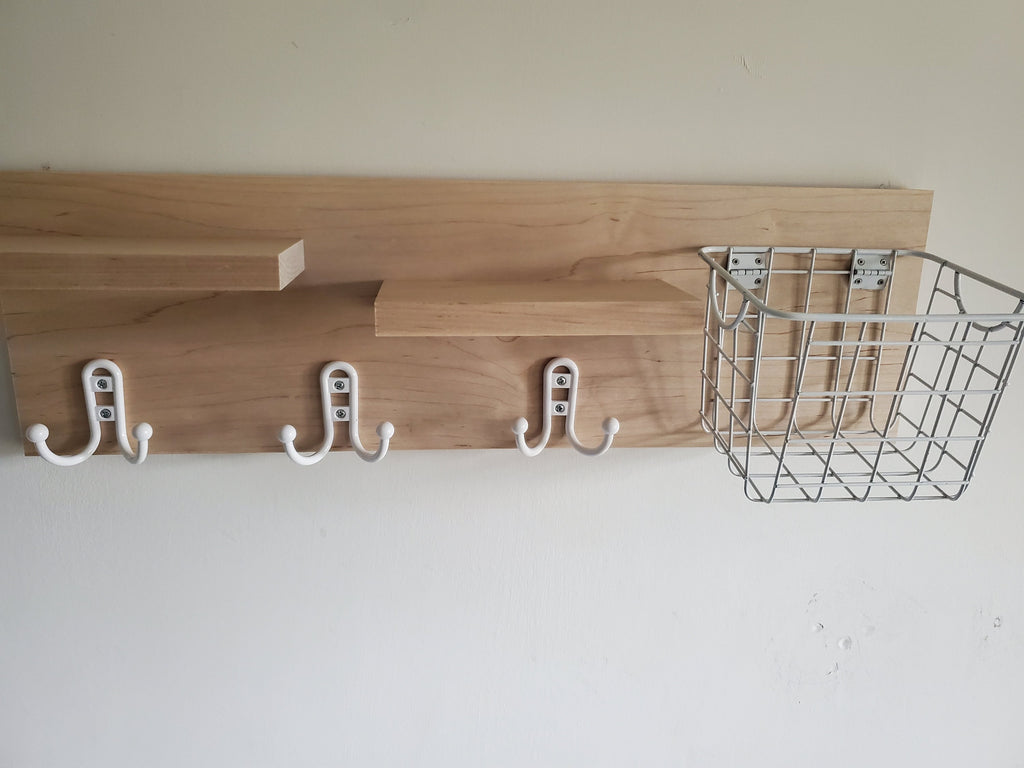 Shipping Included, Hardwood Entry Shelf, Maple Entry Shelf, Entryway Shelf, Entry Shelf with Basket and Hooks