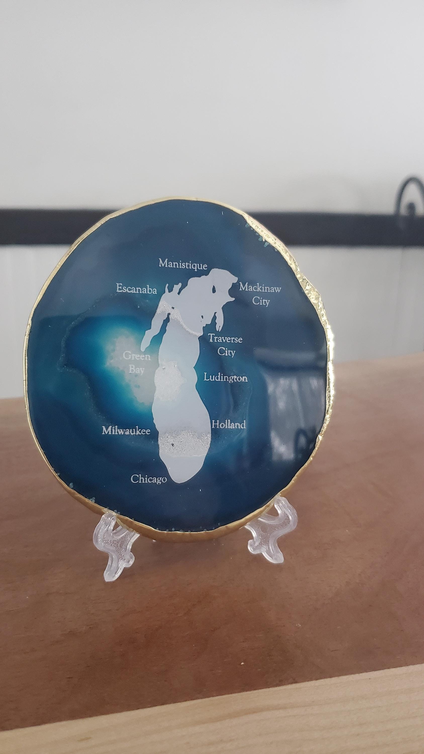 Shipping Included, Blue Agate Coaster W/ Lake Michigan and Cities Engraved