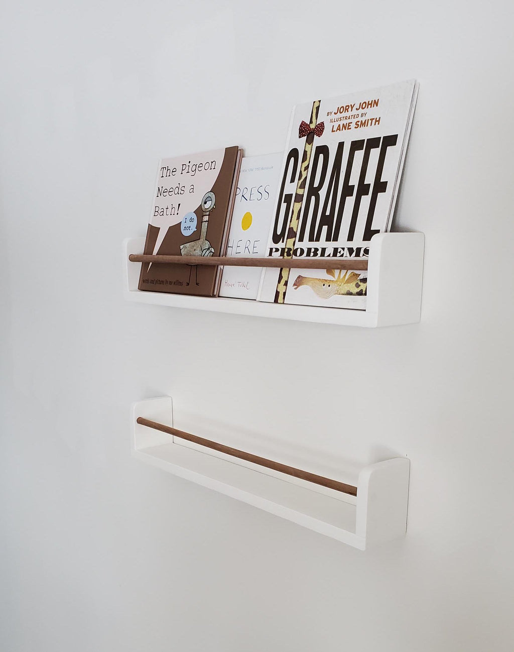Shipping Included, White Bookshelf With Walnut Dowel, Rounded Top Corner, Nursery Bookshelf, Floating Bookshelf, Handmade
