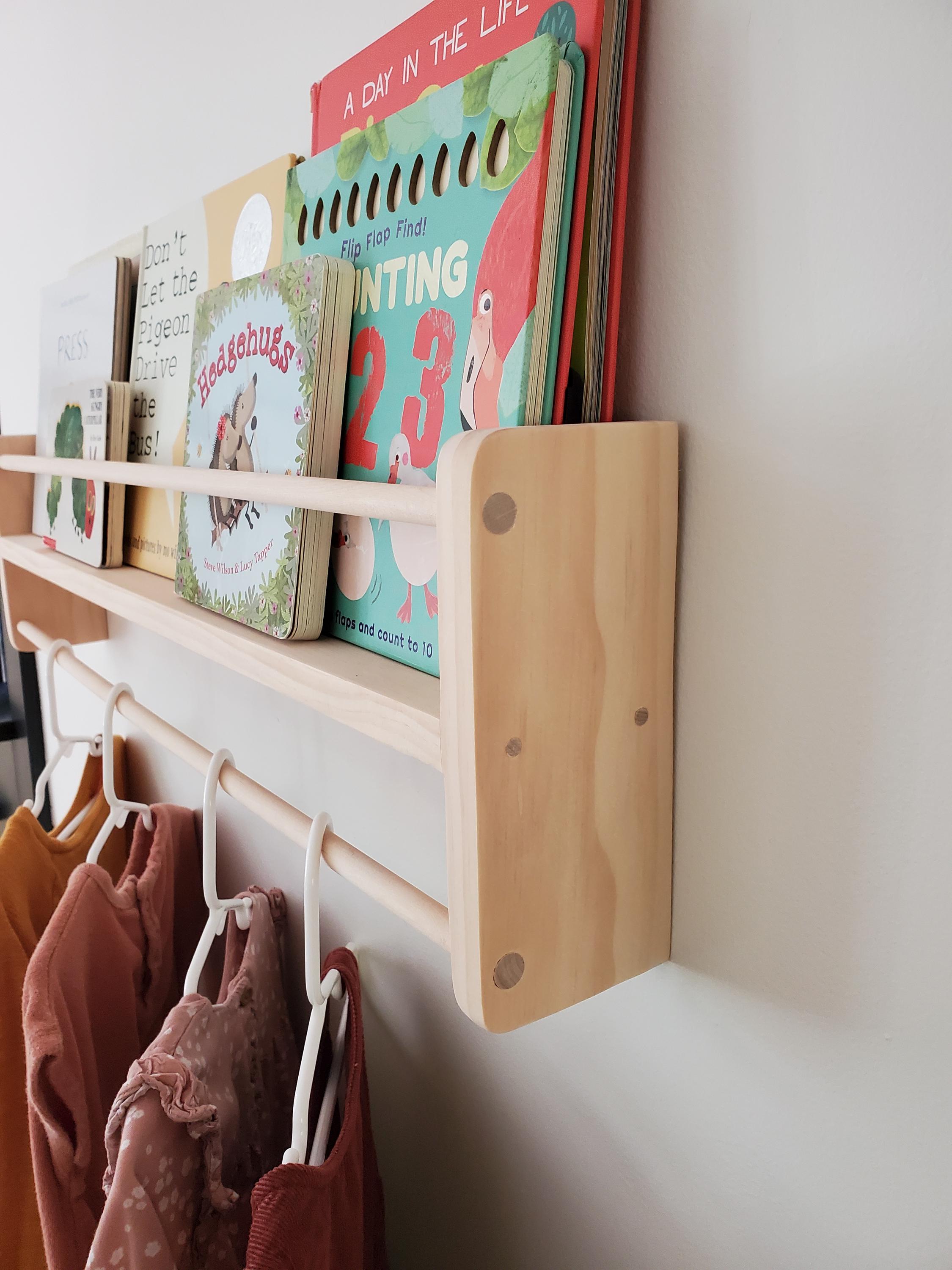 Shipping Included, Natural Pine Bookshelf/Clothing Hanger Combo Shelf, Floating Bookshelf, Furniture Grade Pine, Sanded Smooth, Easy Installation, Nursery Shelf