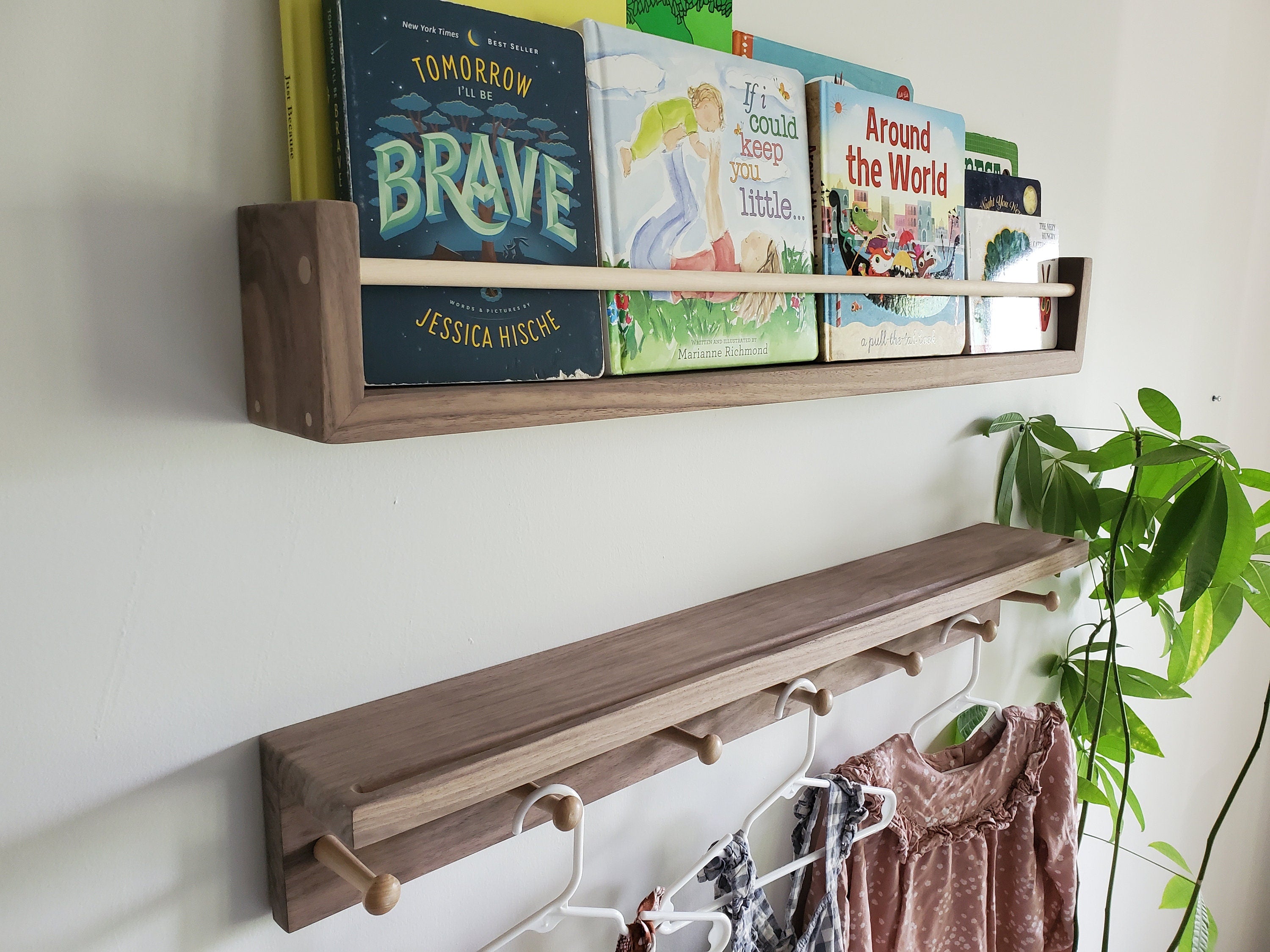 Shipping Included, Walnut Hardwood Bookshelf "Waterfall Corner" and Shelf Combination Set, Nursery Room Decor, Hardwood Joinery, Custom Sizing Available, Montessori