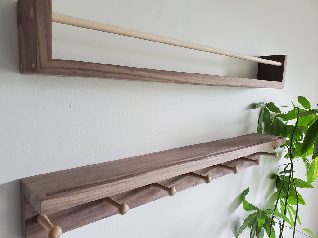 Shipping Included, Walnut Hardwood Bookshelf "Waterfall Corner" and Shelf Combination Set, Nursery Room Decor, Hardwood Joinery, Custom Sizing Available, Montessori
