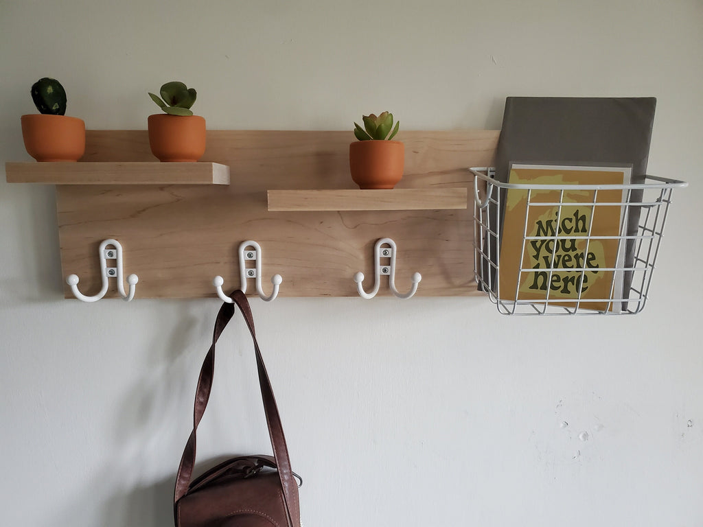 Shipping Included, Hardwood Entry Shelf, Maple Entry Shelf, Entryway Shelf, Entry Shelf with Basket and Hooks