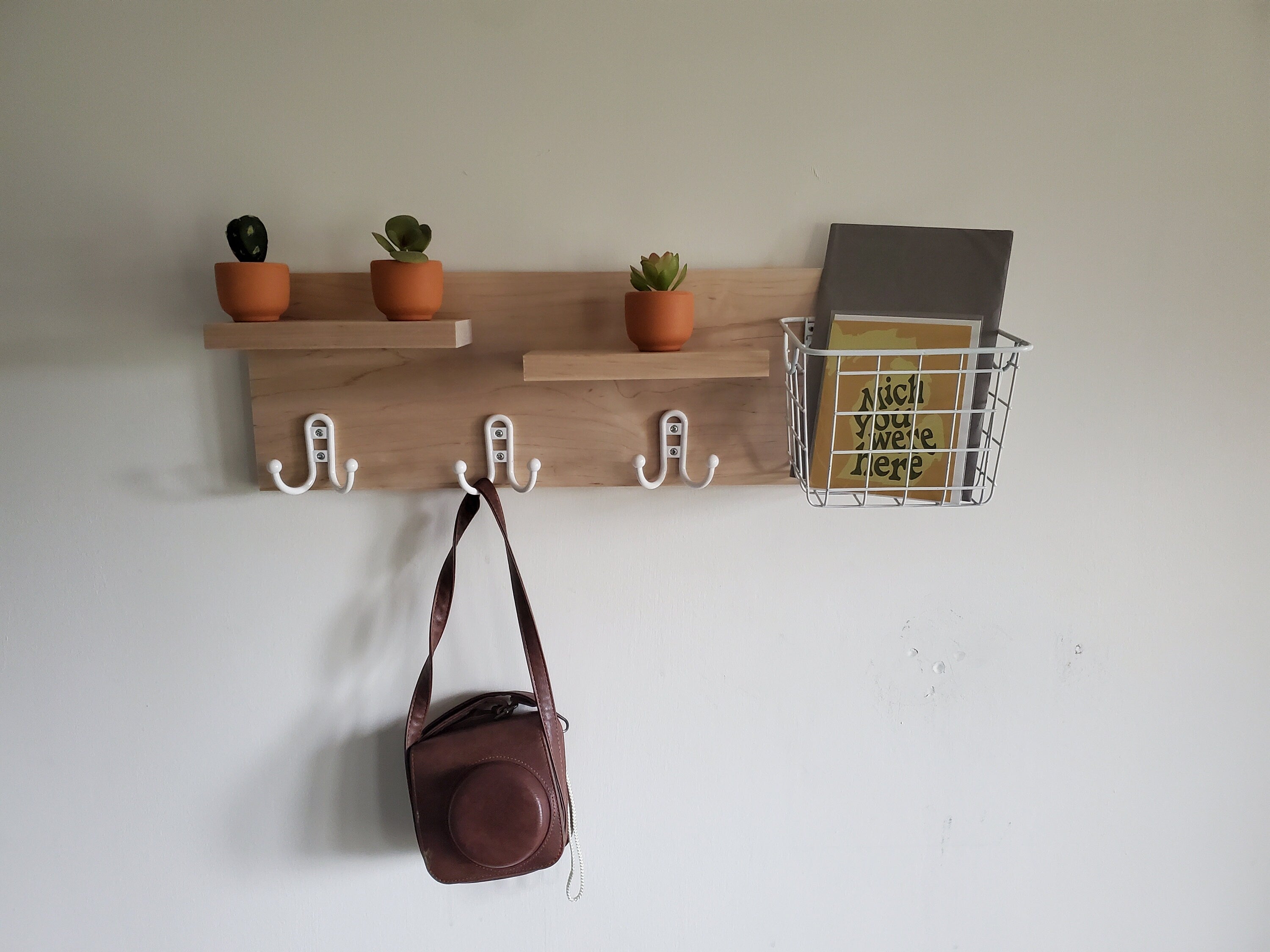 Shipping Included, Hardwood Entry Shelf, Maple Entry Shelf, Entryway Shelf, Entry Shelf with Basket and Hooks