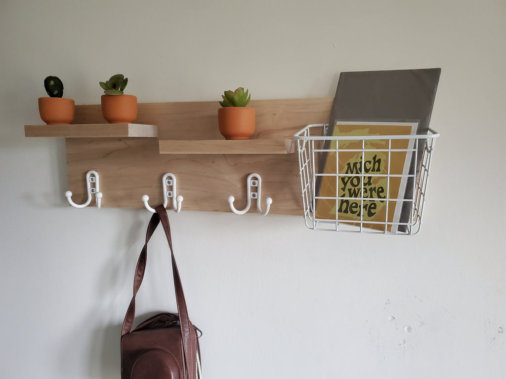 Shipping Included, Hardwood Entry Shelf, Maple Entry Shelf, Entryway Shelf, Entry Shelf with Basket and Hooks