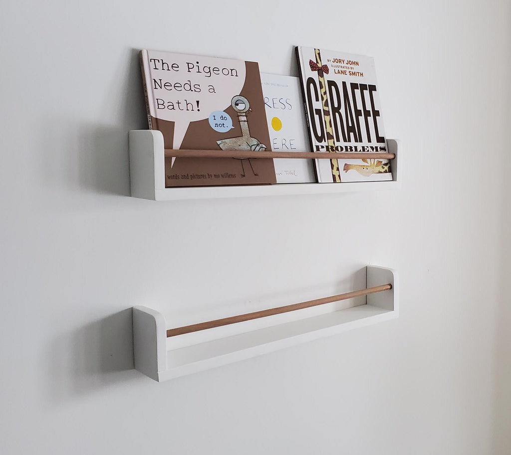 Shipping Included, White Bookshelf With Walnut Dowel, Rounded Top Corner, Nursery Bookshelf, Floating Bookshelf, Handmade
