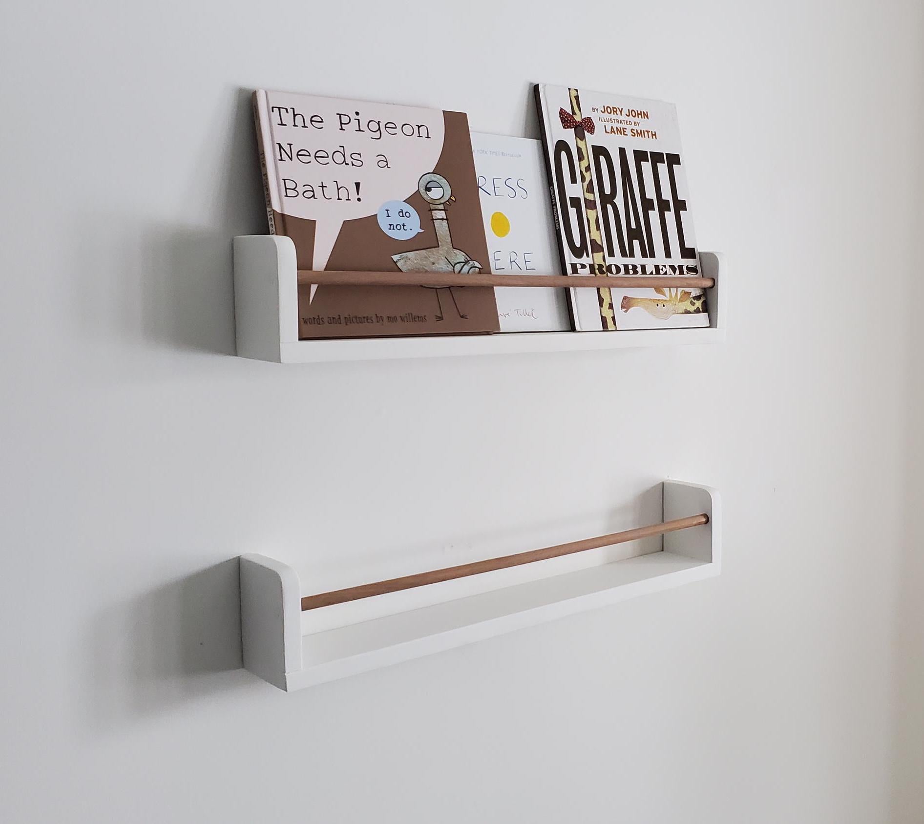 Shipping Included, White Bookshelf With Walnut Dowel, Rounded Top Corner, Nursery Bookshelf, Floating Bookshelf, Handmade