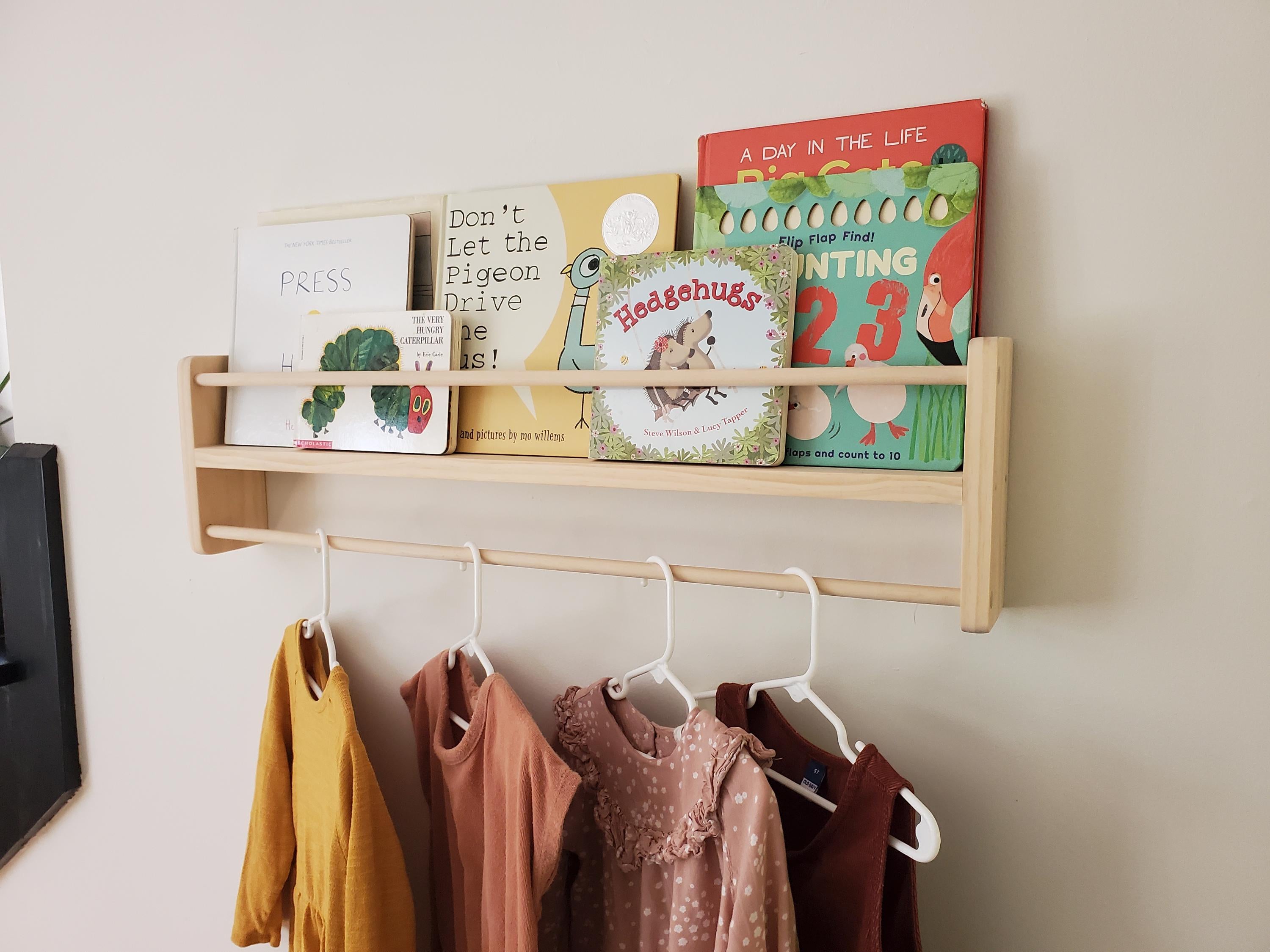 Shipping Included, Natural Pine Bookshelf/Clothing Hanger Combo Shelf, Floating Bookshelf, Furniture Grade Pine, Sanded Smooth, Easy Installation, Nursery Shelf