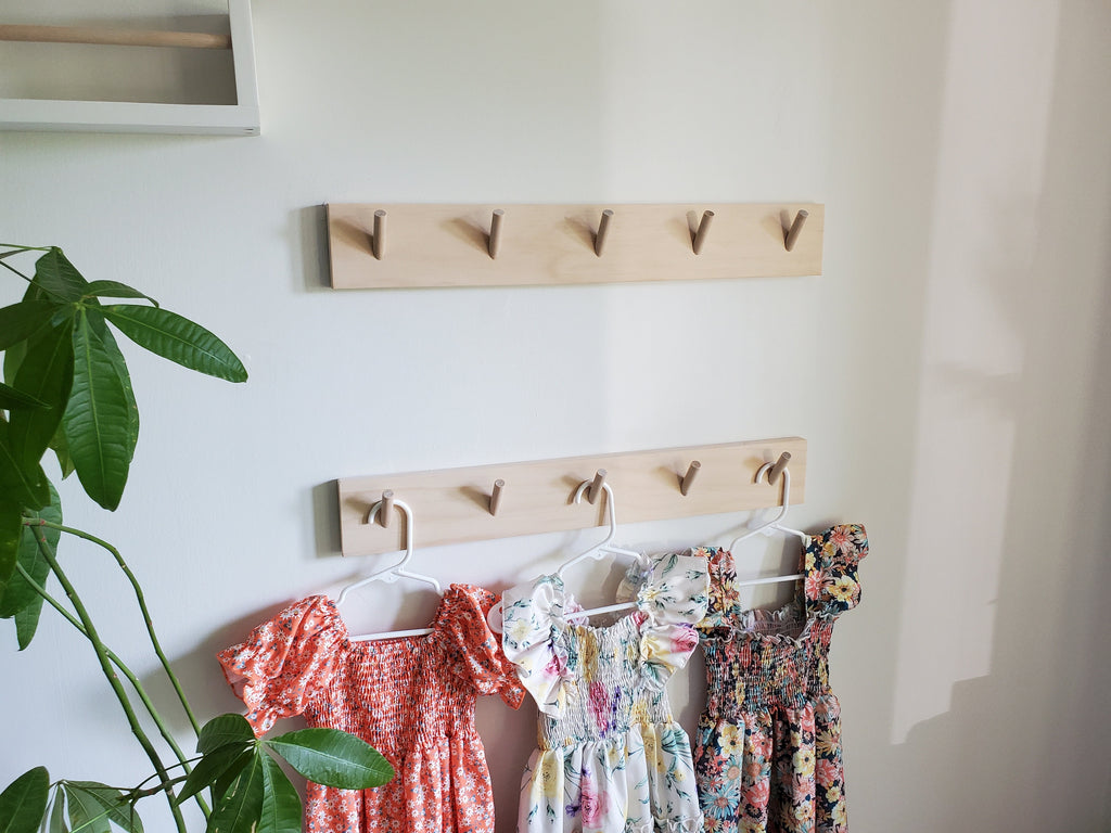 Shipping Included, 18" - 48" Pine Nursery Angled Wall Hook Shelf, Peg Rack Natural, Nursery Garment Rack, Nursery Peg Shelf, Entryway Coat Rack, Bathroom Towel