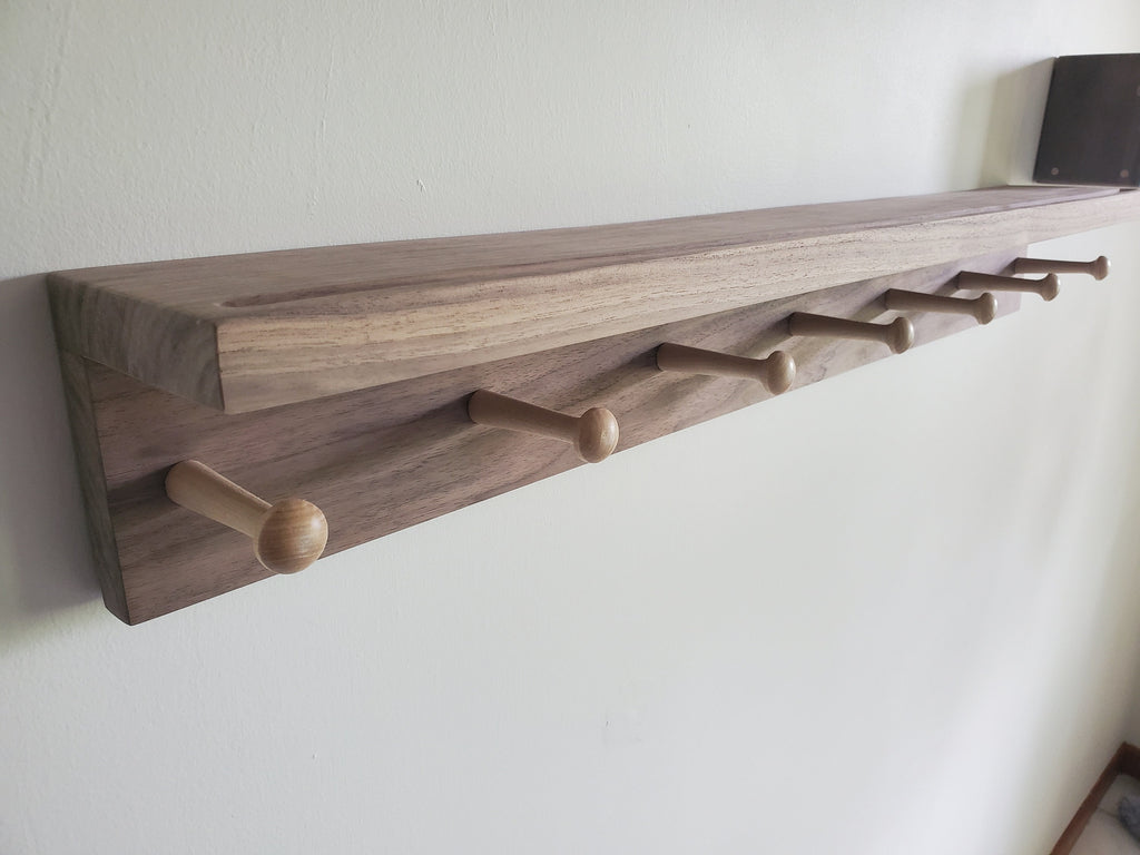 Shipping Included, Nursery Shelf With Hooks, Walnut Shelf With Groove, Nursery Bookshelf, Nursery Decor, Kitchen Shelf, Laundry Shelf, Entry Shelf