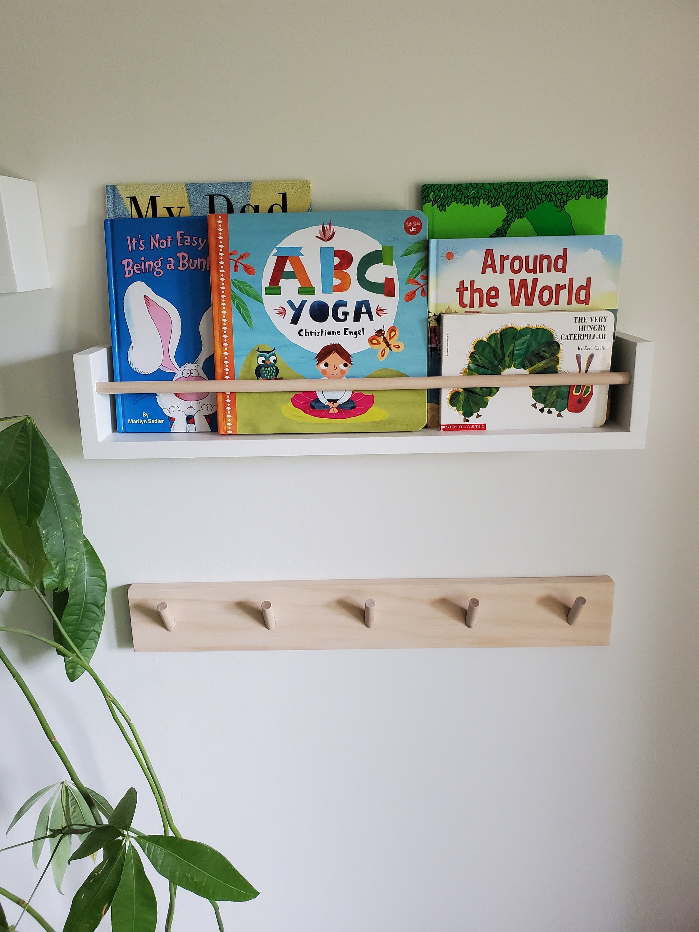 Shipping Included, 18" - 48" Pine Nursery Angled Wall Hook Shelf, Peg Rack Natural, Nursery Garment Rack, Nursery Peg Shelf, Entryway Coat Rack, Bathroom Towel