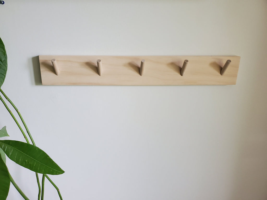 Shipping Included, 18" - 48" Pine Nursery Angled Wall Hook Shelf, Peg Rack Natural, Nursery Garment Rack, Nursery Peg Shelf, Entryway Coat Rack, Bathroom Towel
