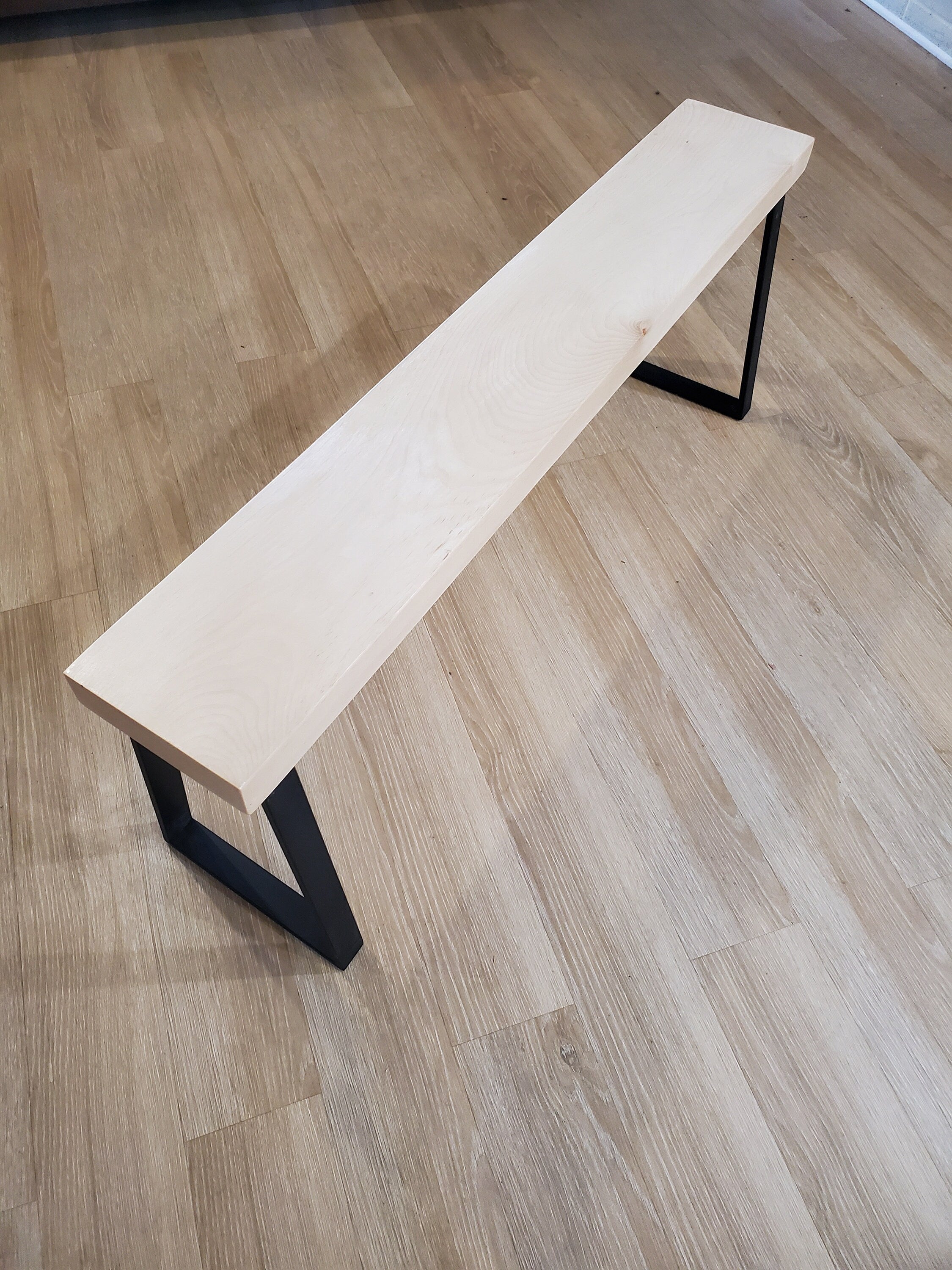 Shipping Included, 4 Ft Slab Pine Bench, Indoor/Outdoor Piece, Thick Pine, Trapezoid Metal Legs