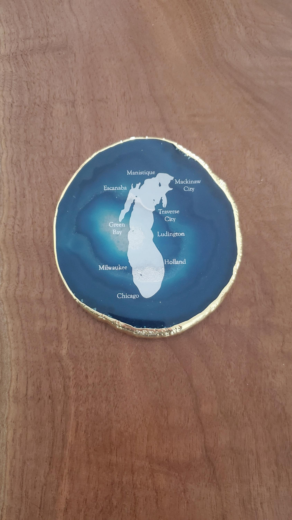 Shipping Included, Blue Agate Coaster W/ Lake Michigan and Cities Engraved