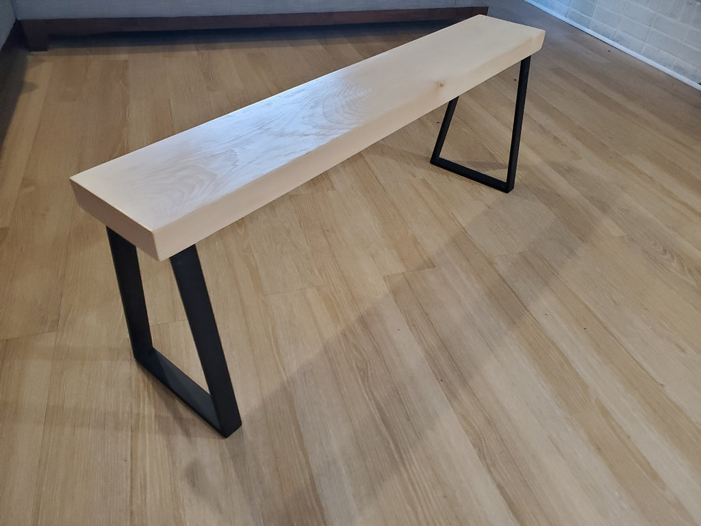 Shipping Included, 4 Ft Slab Pine Bench, Indoor/Outdoor Piece, Thick Pine, Trapezoid Metal Legs