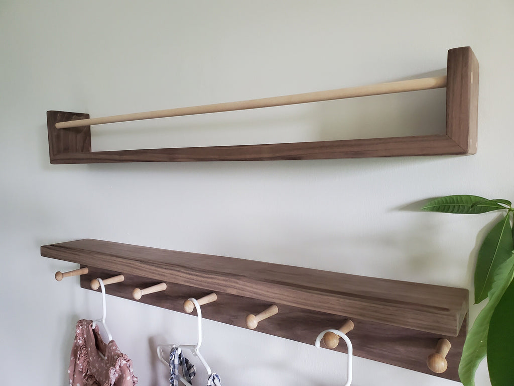 Shipping Included, Walnut Hardwood Bookshelf "Waterfall Corner" and Shelf Combination Set, Nursery Room Decor, Hardwood Joinery, Custom Sizing Available, Montessori