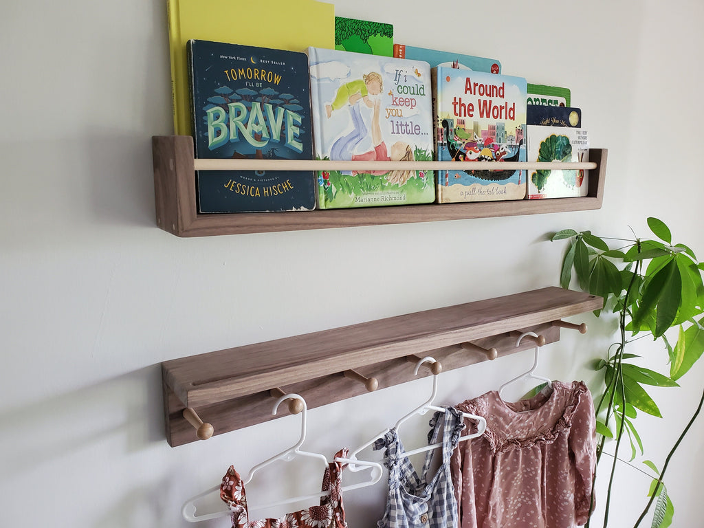 Shipping Included, Walnut Hardwood Bookshelf "Waterfall Corner" and Shelf Combination Set, Nursery Room Decor, Hardwood Joinery, Custom Sizing Available, Montessori